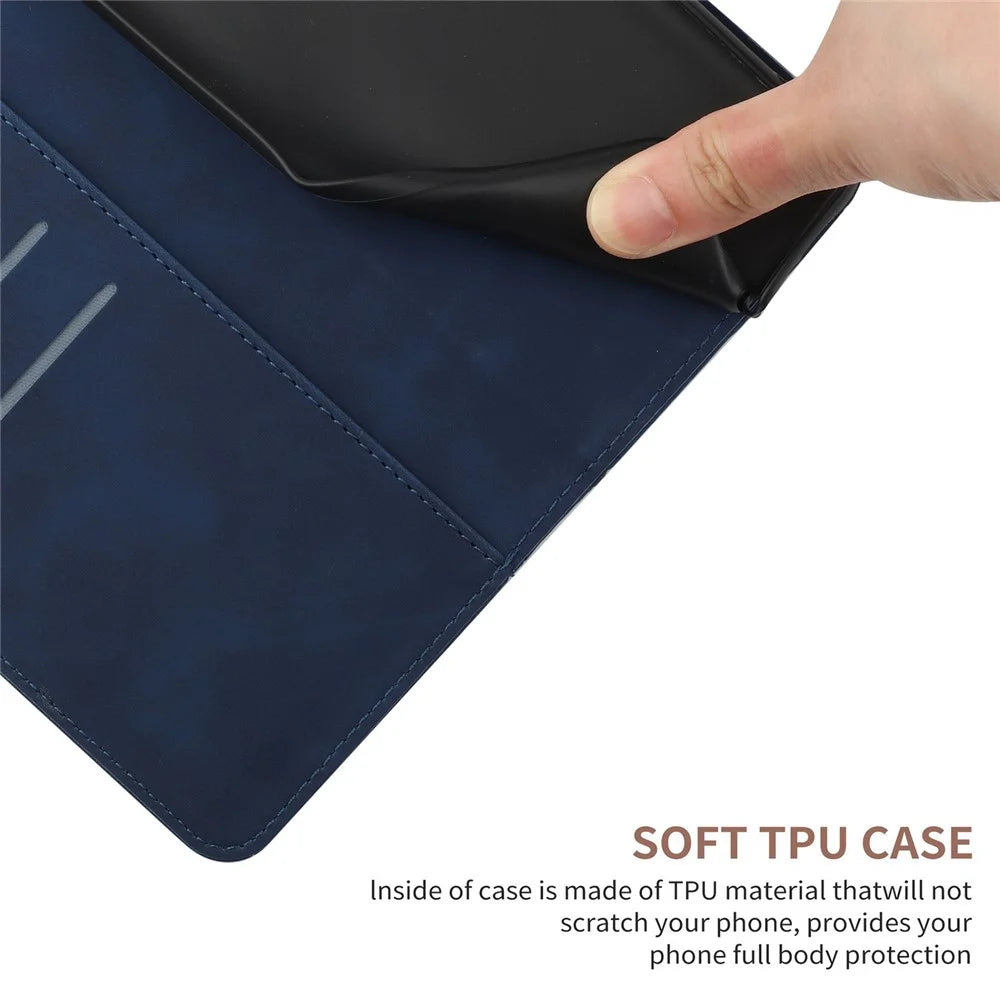 HT05 Skin-touch Phone Case for Samsung Galaxy A22 5G (EU Version) Imprinted Line Wallet Stand Leather Cover - Blue - 7