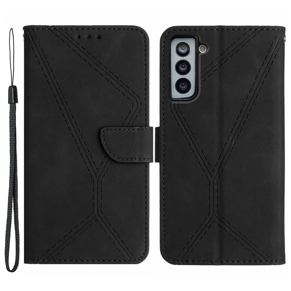 HT05 Stand Case for Samsung Galaxy S21 FE 5G Imprinted Line Wallet Skin-touch PU Leather Cover - Black - 1