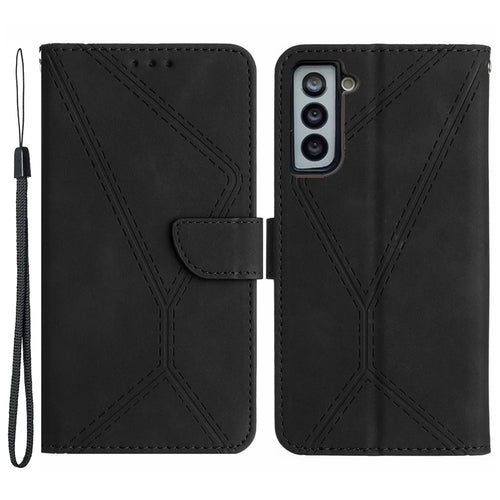 HT05 Stand Case for Samsung Galaxy S21 FE 5G Imprinted Line Wallet Skin-touch PU Leather Cover - Black - 1