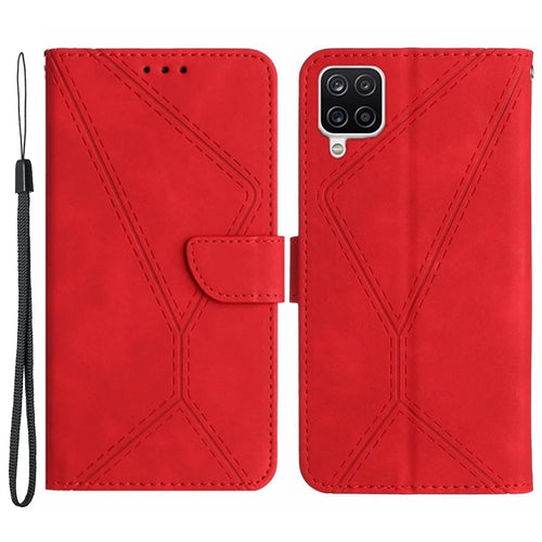 HT05 For Samsung Galaxy A12 / M12 / F12 Imprinted Line Wallet Stand Skin-touch PU Leather Phone Case - Red - 1