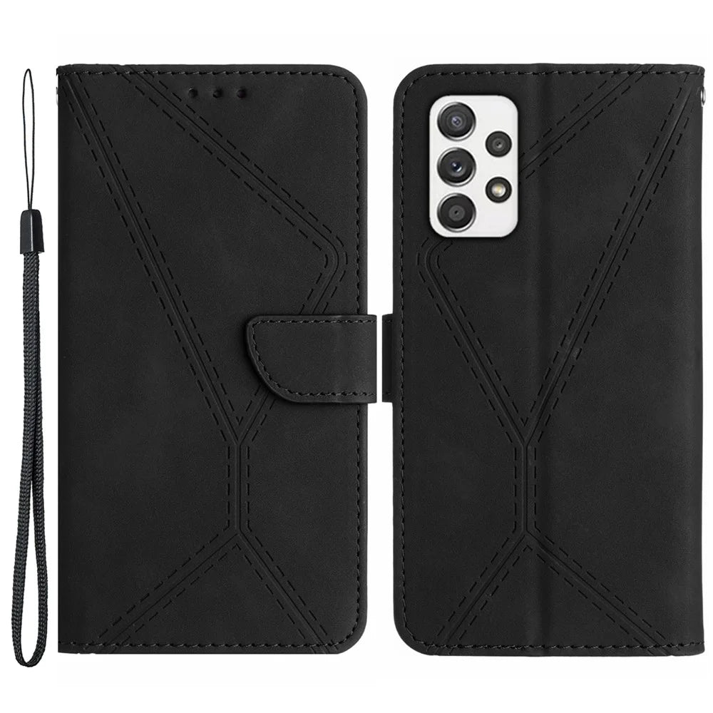 HT05 For Samsung Galaxy A33 5G Cell Phone Wallet Stand Case Imprinted Line Leather Phone Cover - Black - 1