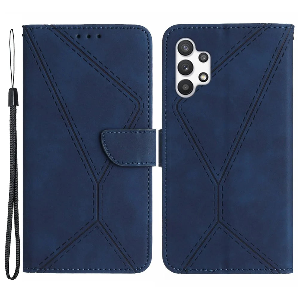 HT05 For Samsung Galaxy A13 4G Phone Leather Case Imprinted Line Wallet Stand Phone Cover - Blue - 1