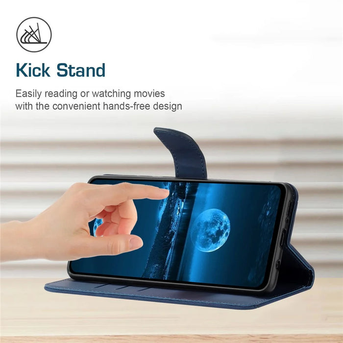 HT05 Phone Flip Case for Samsung Galaxy A53 5G Leather Cover Skin-touch Wallet Shell with Strap - Blue - 3