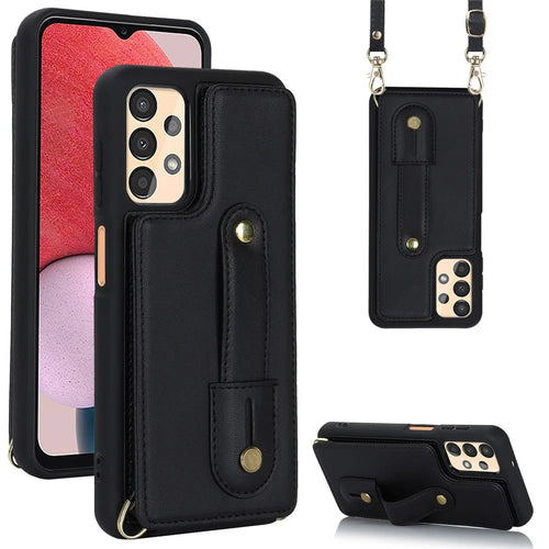 For Samsung Galaxy A53 5G PU Leather+TPU Phone Case Card Slots Design Wristband Kickstand Cover - Black - 1