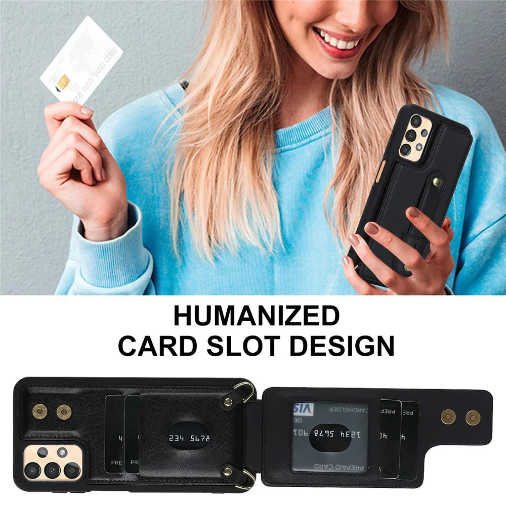For Samsung Galaxy A53 5G PU Leather+TPU Phone Case Card Slots Design Wristband Kickstand Cover - Black - 4