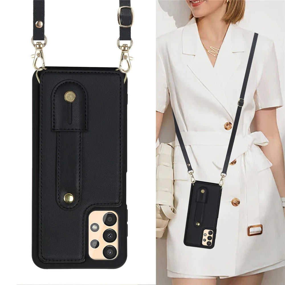 For Samsung Galaxy A53 5G PU Leather+TPU Phone Case Card Slots Design Wristband Kickstand Cover - Black - 5