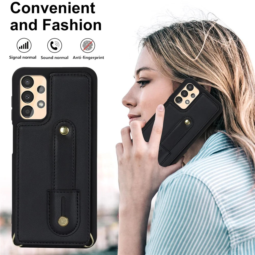 For Samsung Galaxy A53 5G PU Leather+TPU Phone Case Card Slots Design Wristband Kickstand Cover - Black - 6