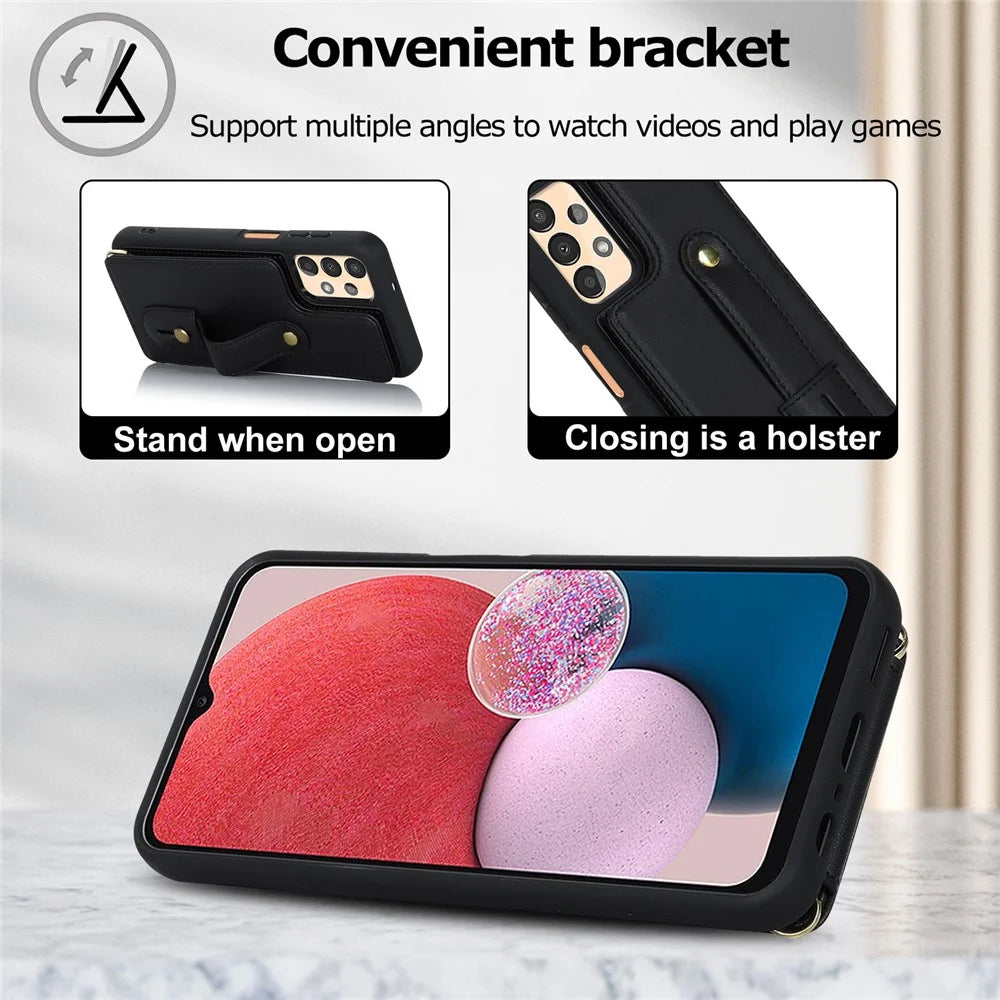 For Samsung Galaxy A53 5G PU Leather+TPU Phone Case Card Slots Design Wristband Kickstand Cover - Black - 7