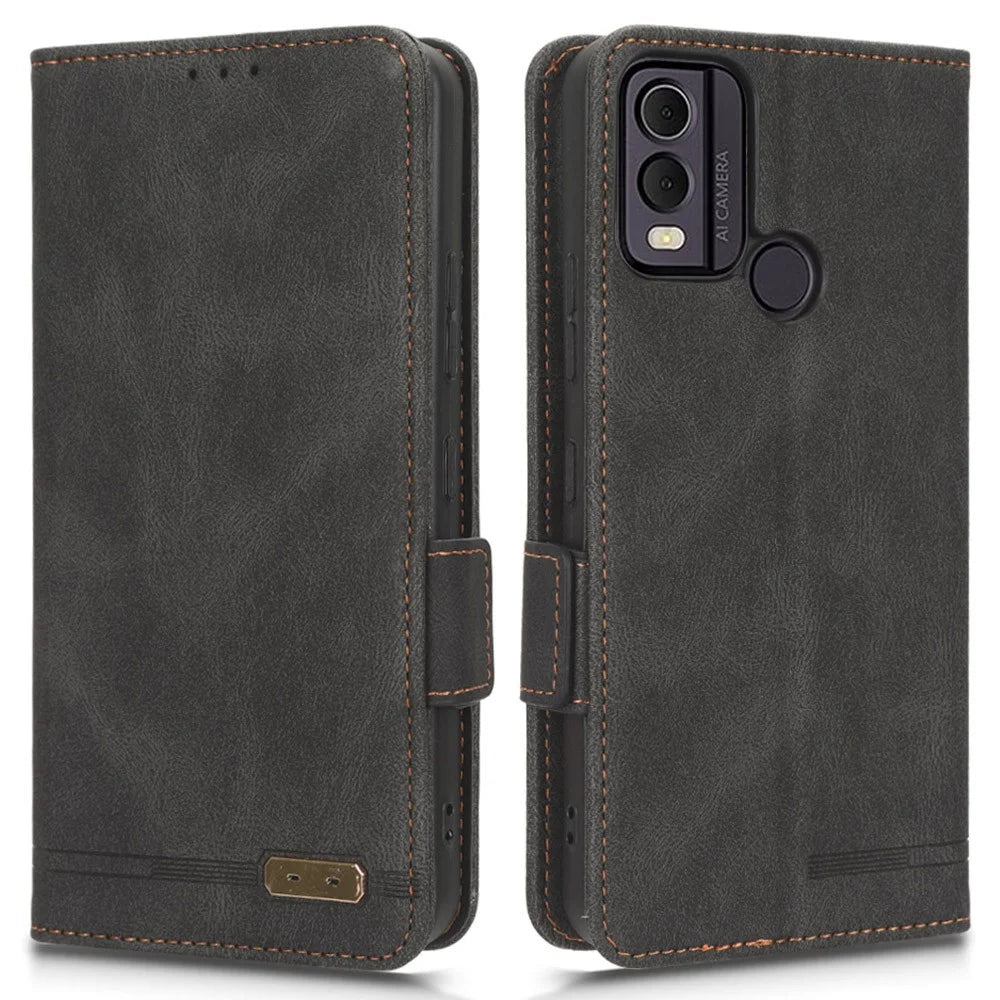 For Nokia C22 Phone Case Hardware Decor Protector Shell PU Leather Wallet Stand Cover - Black - 1