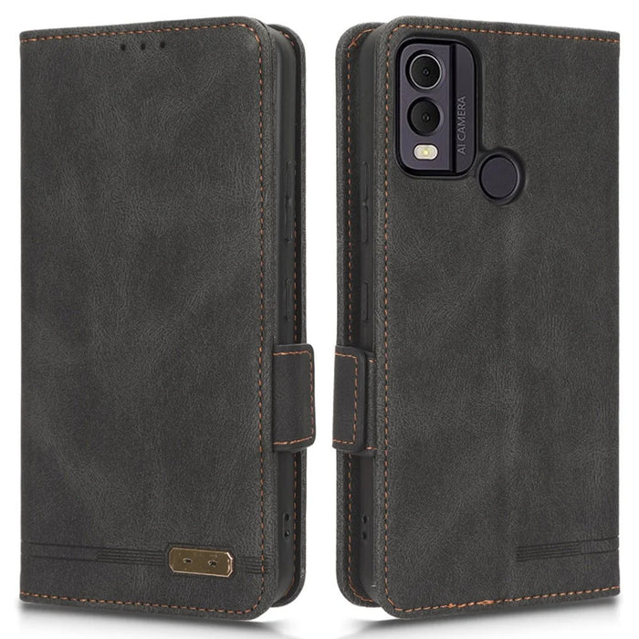 For Nokia C22 Phone Case Hardware Decor Protector Shell PU Leather Wallet Stand Cover - Black - 1