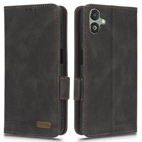 For Samsung Galaxy F14 5G Fall Proof Phone Case Hardware Decor PU Leather Wallet Stand Cover - Black - 1