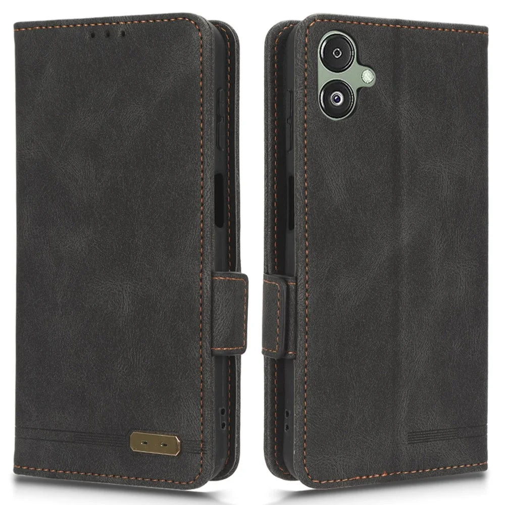 For Samsung Galaxy F14 5G Fall Proof Phone Case Hardware Decor PU Leather Wallet Stand Cover - Black - 1