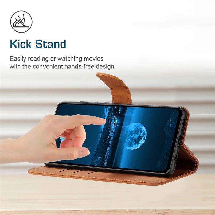 HT05 Wallet Cover for iPhone 14 Skin-touch Full Protection Phone Case PU Leather Shell - Brown - 3