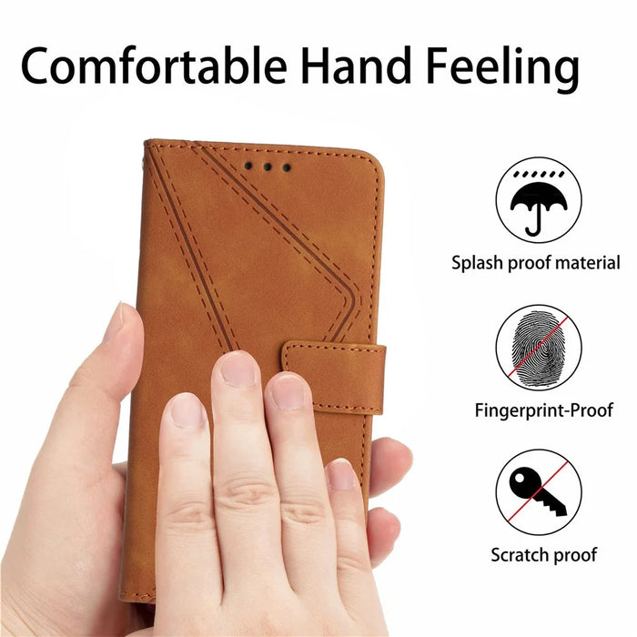 HT05 Wallet Cover for iPhone 14 Skin-touch Full Protection Phone Case PU Leather Shell - Brown - 6