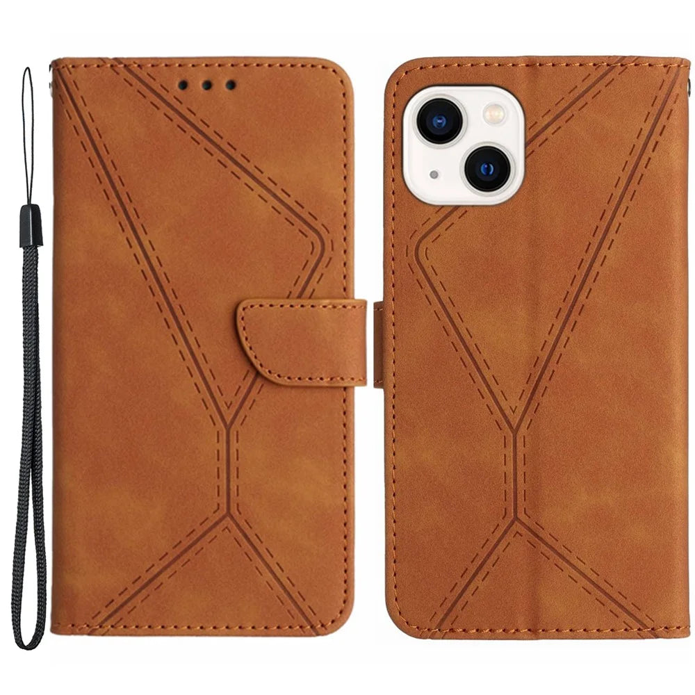 HT05 Full Protection Cover for iPhone 14 Plus Skin-touch PU Leather Wallet Phone Flip Case with Strap - Brown - 1