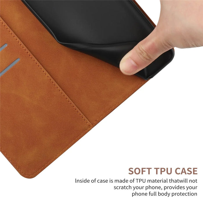 HT05 Full Protection Cover for iPhone 14 Plus Skin-touch PU Leather Wallet Phone Flip Case with Strap - Brown - 7