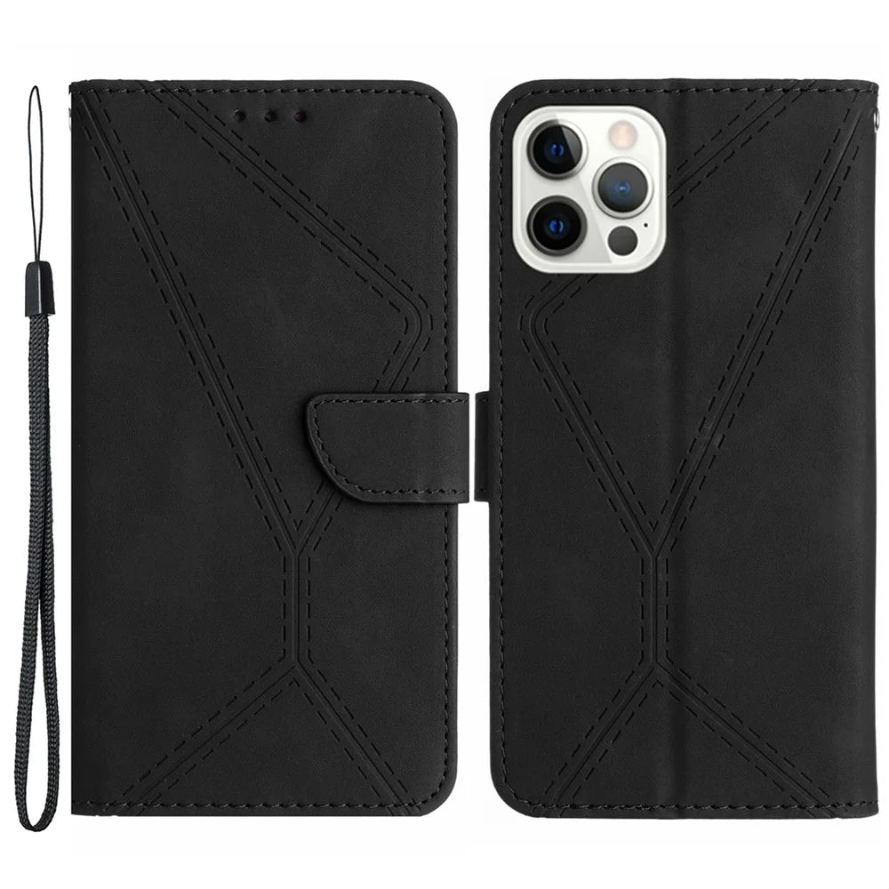 HT05 For iPhone 13 Pro 6.1 inch Skin-touch Fully Wrapped Phone Case PU Leather Wallet Cover with Strap - Black - 1