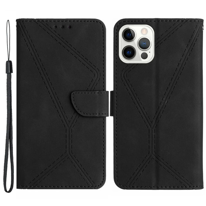HT05 For iPhone 13 Pro 6.1 inch Skin-touch Fully Wrapped Phone Case PU Leather Wallet Cover with Strap - Black - 1