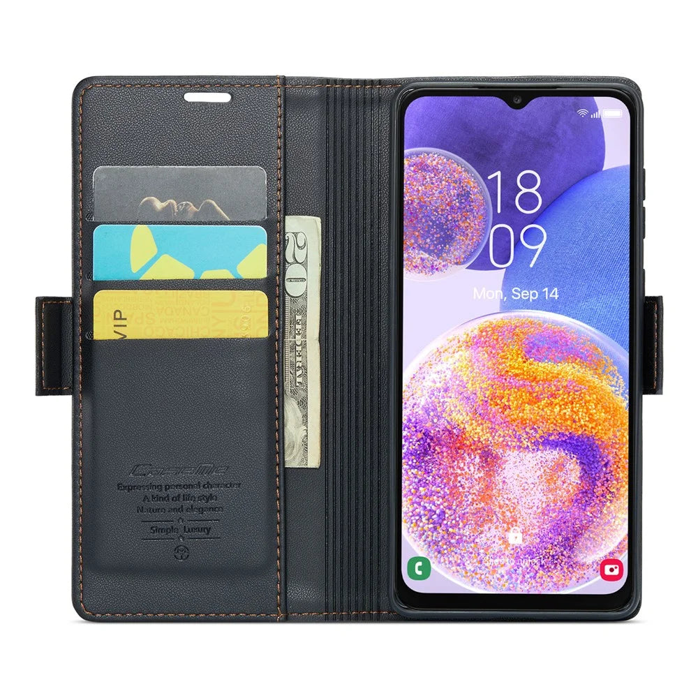 For Samsung Galaxy A23 4G / A23 5G (Global) Leather Case CASEME 023 RFID Blocking 3 Card Slot Mobile Cover - Black - 2