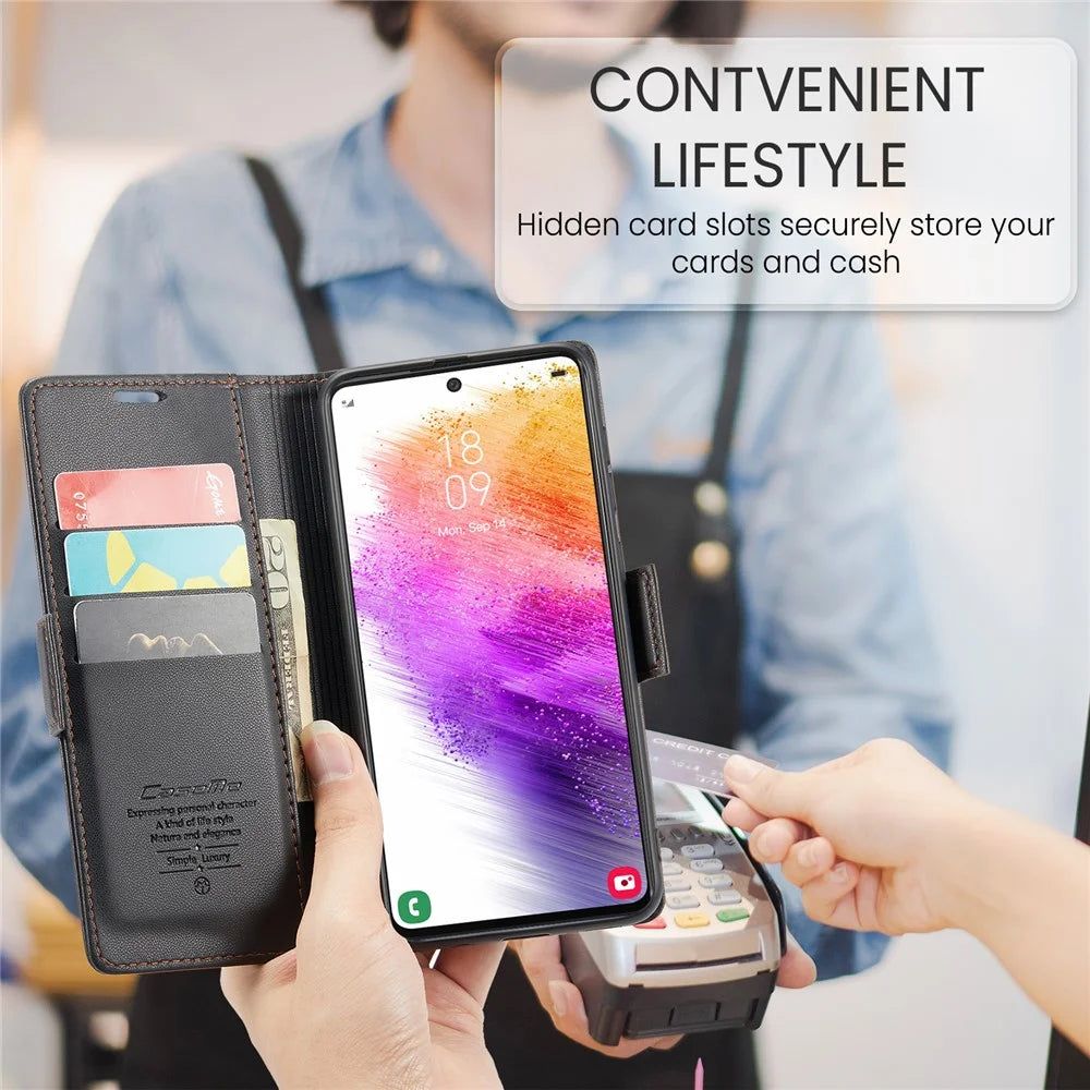 For Samsung Galaxy A23 4G / A23 5G (Global) Leather Case CASEME 023 RFID Blocking 3 Card Slot Mobile Cover - Black - 7