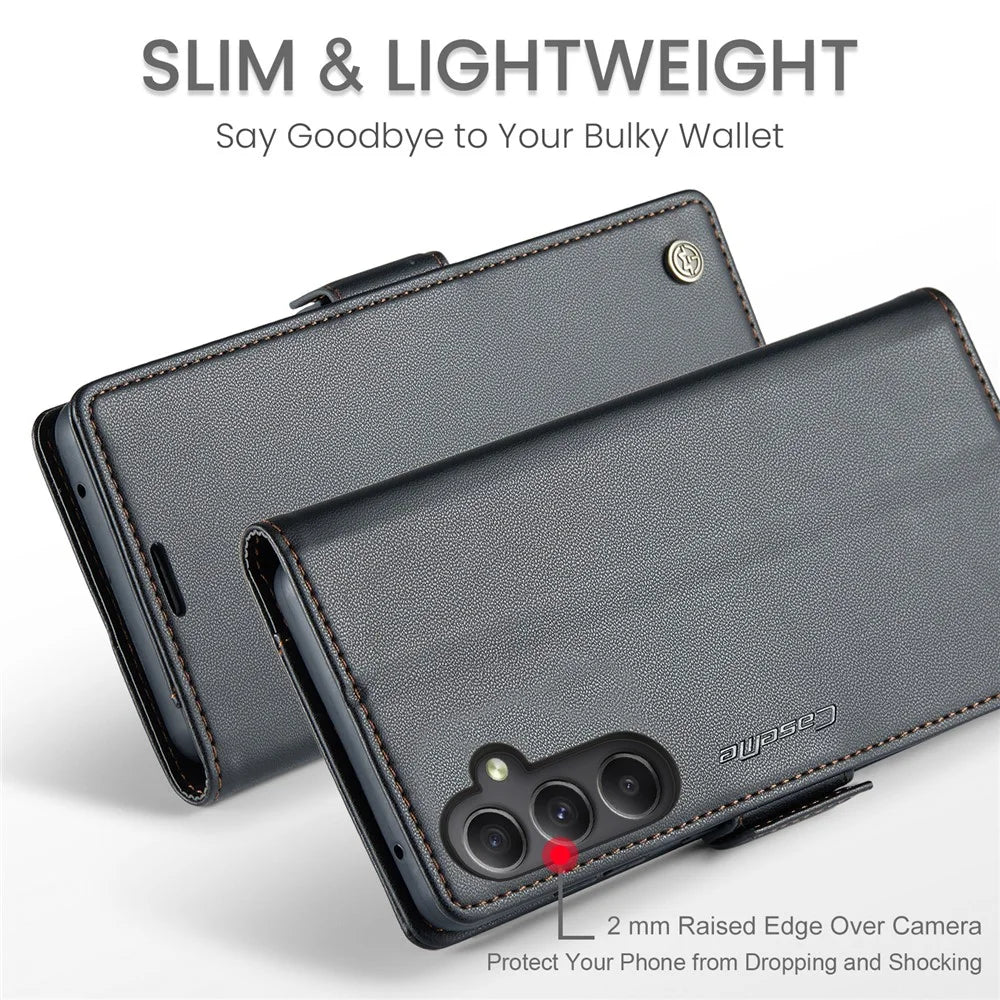 For Samsung Galaxy A34 5G Leather Case CASEME 023 RFID Blocking 3 Card Slot Mobile Cover - Black - 5