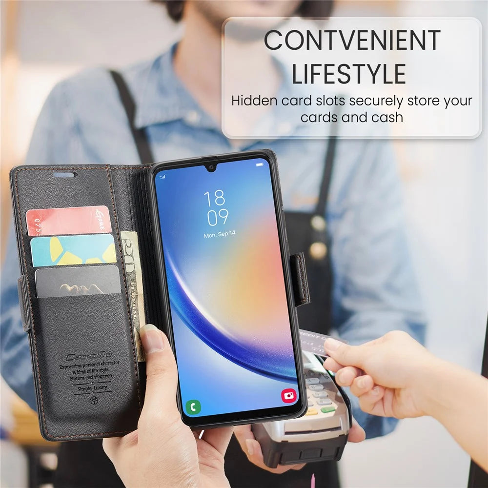 For Samsung Galaxy A34 5G Leather Case CASEME 023 RFID Blocking 3 Card Slot Mobile Cover - Black - 7