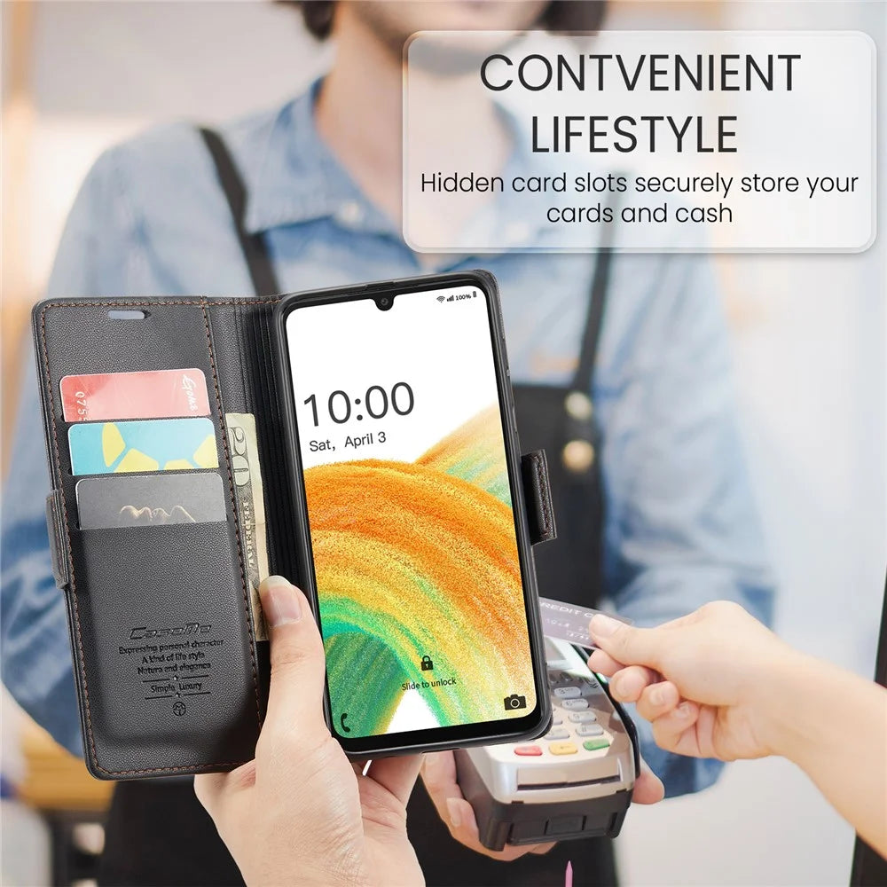 For Samsung Galaxy A33 5G Leather Case CASEME 023 RFID Blocking 3 Card Slot Mobile Cover - Black - 7
