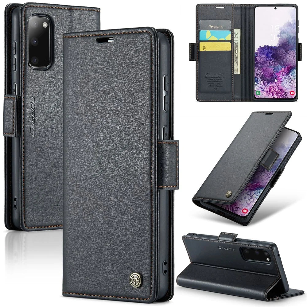 For Samsung Galaxy S20 4G / 5G Leather Case CASEME 023 RFID Blocking 3 Card Slot Mobile Cover - Black - 1