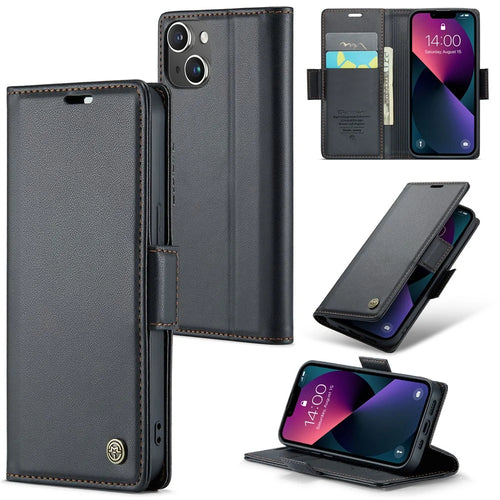 CASEME 023 Series For iPhone 13 mini 5.4 inch RFID Blocking Leather Case Litchi Texture Flip Stand Wallet Phone Cover - Black - 1