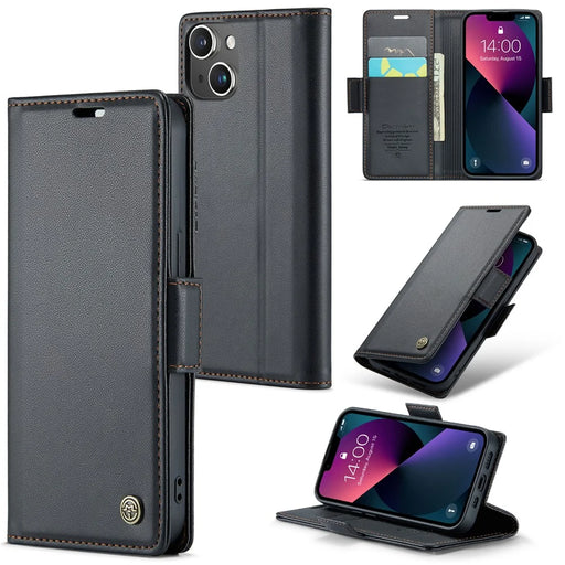CASEME 023 Series For iPhone 13 mini 5.4 inch RFID Blocking Leather Case Litchi Texture Flip Stand Wallet Phone Cover - Black - 1