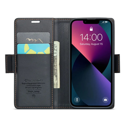 CASEME 023 Series For iPhone 13 mini 5.4 inch RFID Blocking Leather Case Litchi Texture Flip Stand Wallet Phone Cover - Black - 2