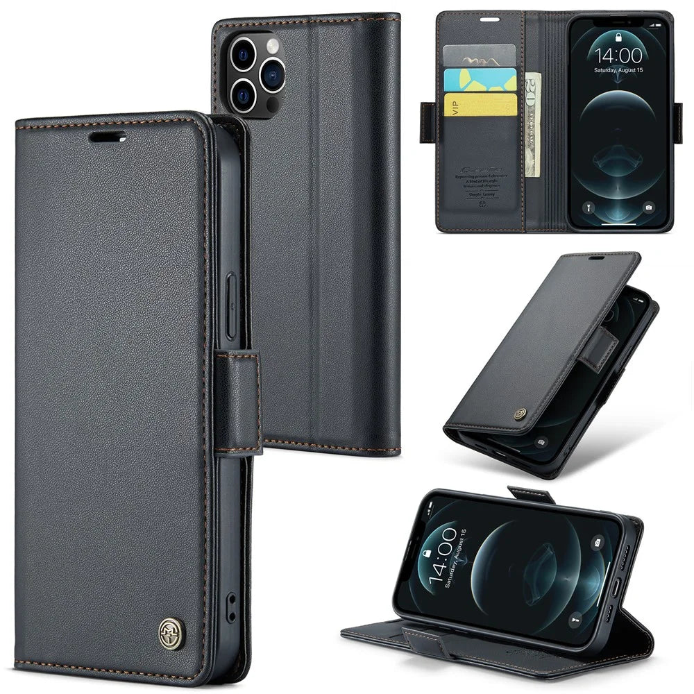 For iPhone 12 Pro Max Leather Case CASEME 023 RFID Blocking 3 Card Slot Mobile Cover - Black - 1