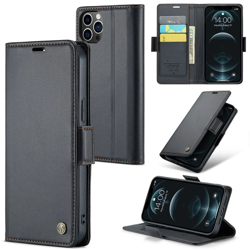 For iPhone 12 Pro Max Leather Case CASEME 023 RFID Blocking 3 Card Slot Mobile Cover - Black - 1