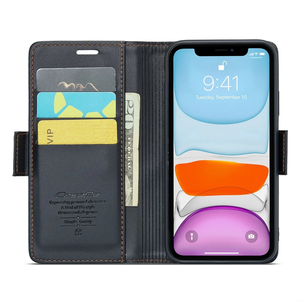 For iPhone 11 Leather Case CASEME 023 RFID Blocking 3 Card Slot Mobile Cover - Black - 2