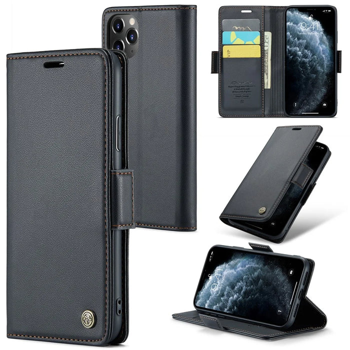 For iPhone 11 Pro Max Leather Case CASEME 023 RFID Blocking 3 Card Slot Mobile Cover - Black - 1