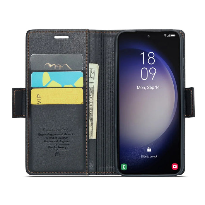 For Samsung Galaxy S23 Leather Case CASEME 023 RFID Blocking 3 Card Slot Mobile Cover - Black - 2