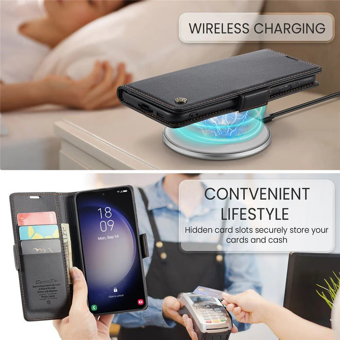 For Samsung Galaxy S23 Leather Case CASEME 023 RFID Blocking 3 Card Slot Mobile Cover - Black - 7