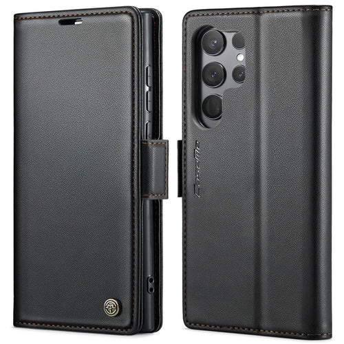 For Samsung Galaxy S23 Ultra Leather Case CASEME 023 RFID Blocking 3 Card Slot Mobile Cover - Black - 1