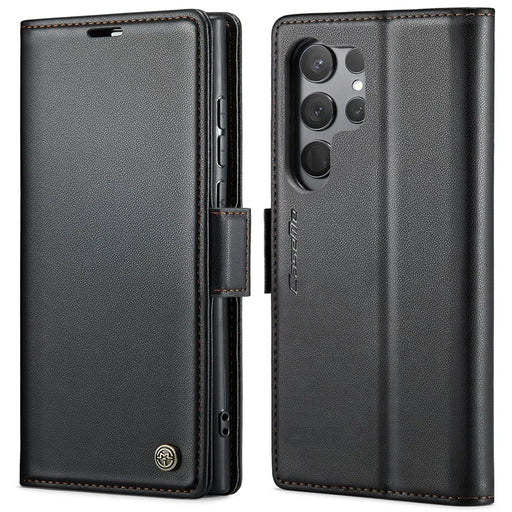 For Samsung Galaxy S23 Ultra Leather Case CASEME 023 RFID Blocking 3 Card Slot Mobile Cover - Black - 1