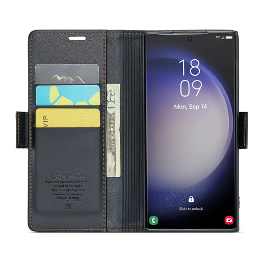 For Samsung Galaxy S23 Ultra Leather Case CASEME 023 RFID Blocking 3 Card Slot Mobile Cover - Black - 2