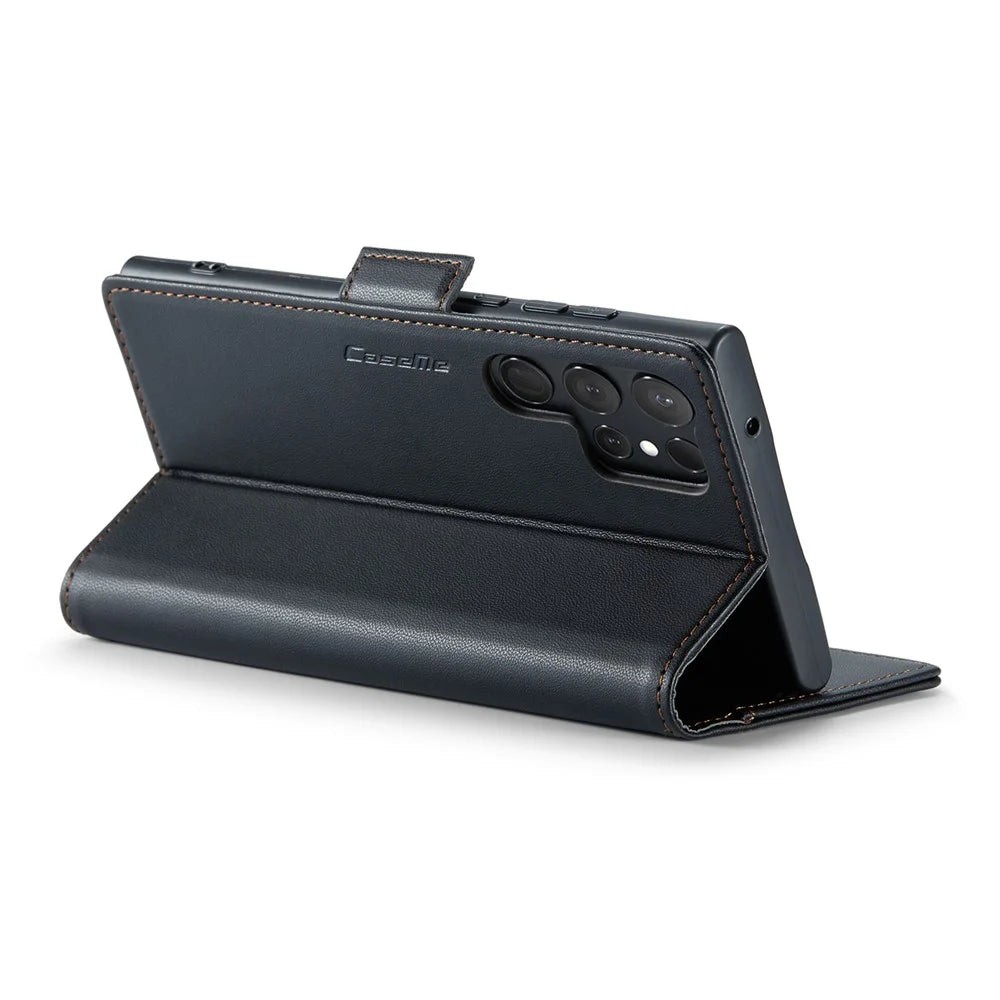 For Samsung Galaxy S23 Ultra Leather Case CASEME 023 RFID Blocking 3 Card Slot Mobile Cover - Black - 4