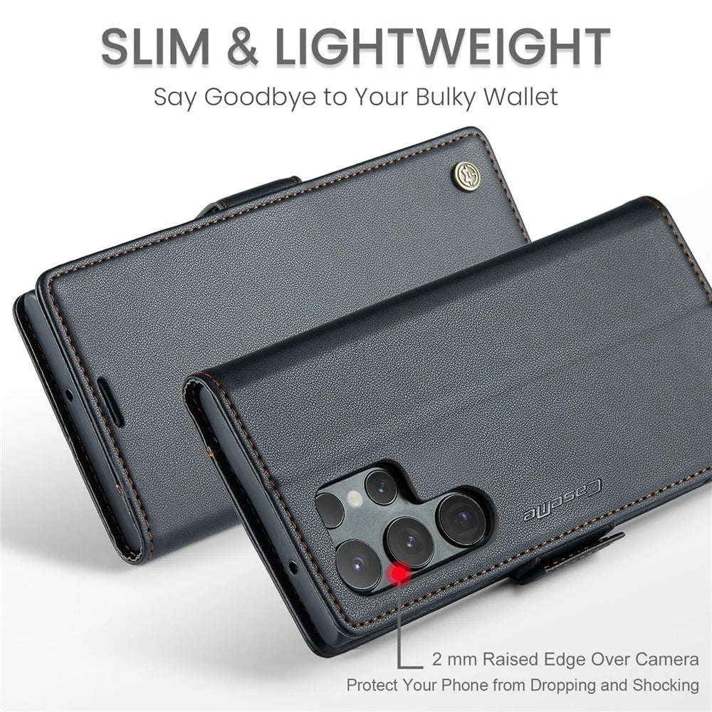 For Samsung Galaxy S23 Ultra Leather Case CASEME 023 RFID Blocking 3 Card Slot Mobile Cover - Black - 5