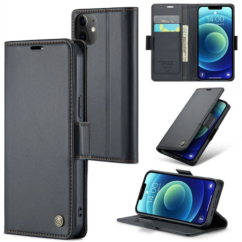 CASEME 023 Series Stand Wallet Case for iPhone 12 mini , RFID Blocking Litchi Texture Leather Phone Cover - Black - 1