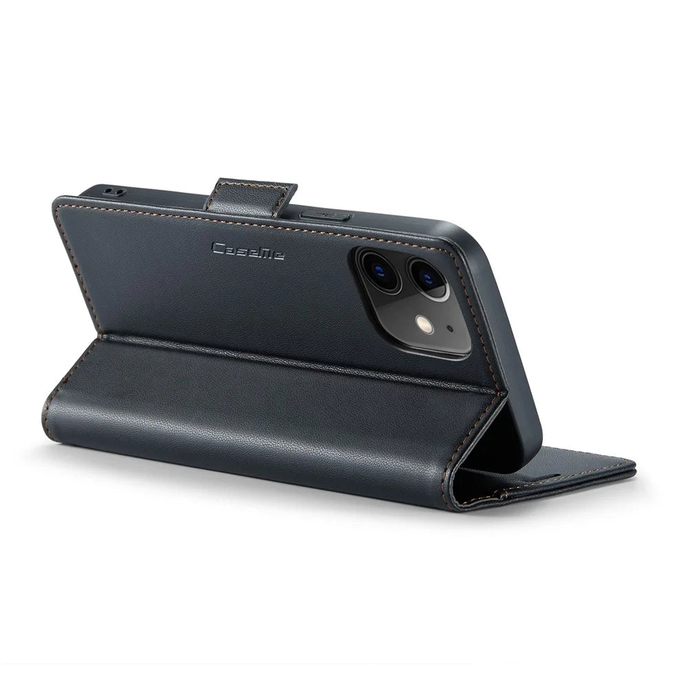 CASEME 023 Series Stand Wallet Case for iPhone 12 mini , RFID Blocking Litchi Texture Leather Phone Cover - Black - 4