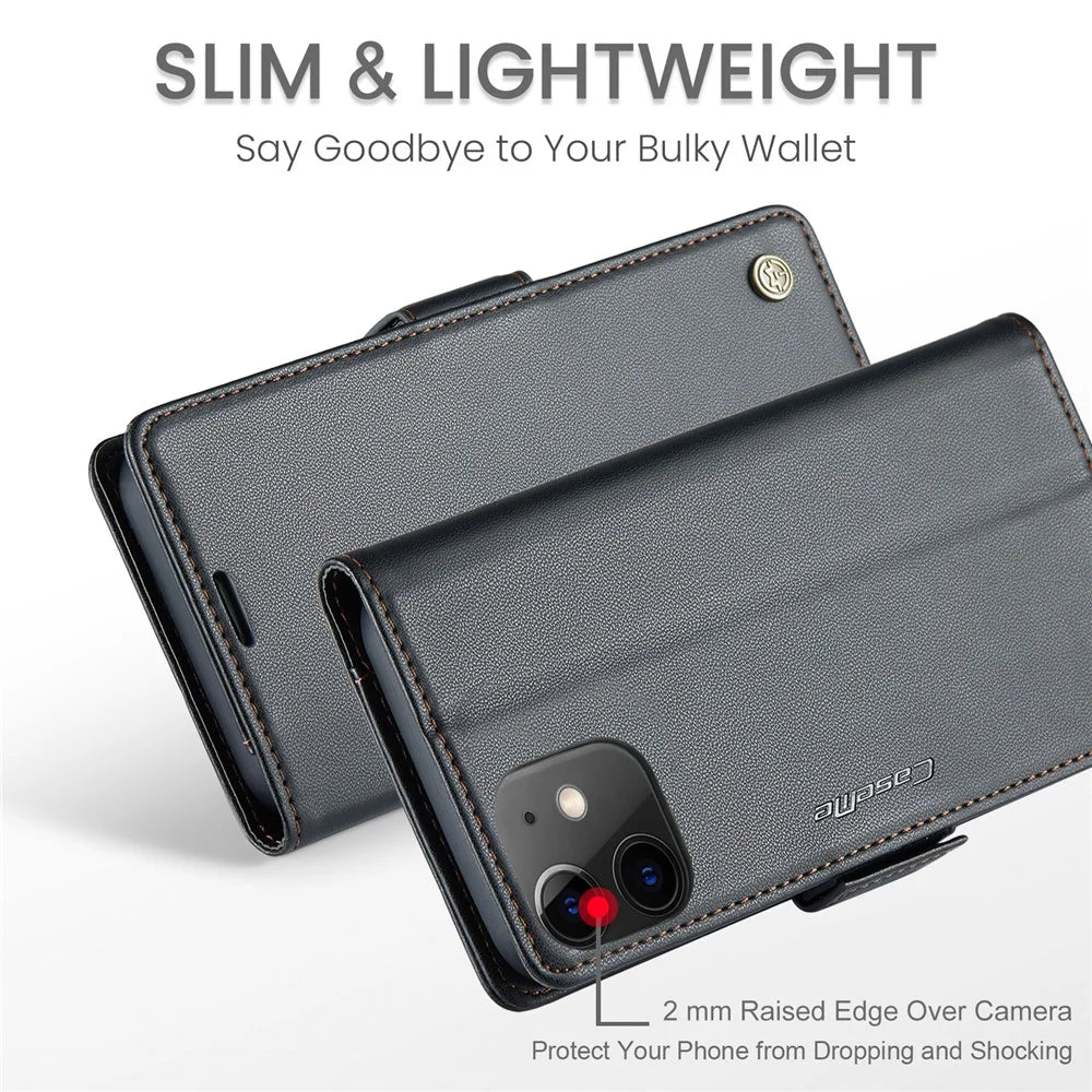 CASEME 023 Series Stand Wallet Case for iPhone 12 mini , RFID Blocking Litchi Texture Leather Phone Cover - Black - 5