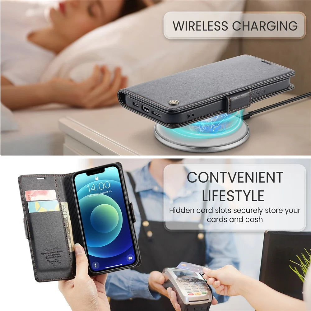 CASEME 023 Series Stand Wallet Case for iPhone 12 mini , RFID Blocking Litchi Texture Leather Phone Cover - Black - 7