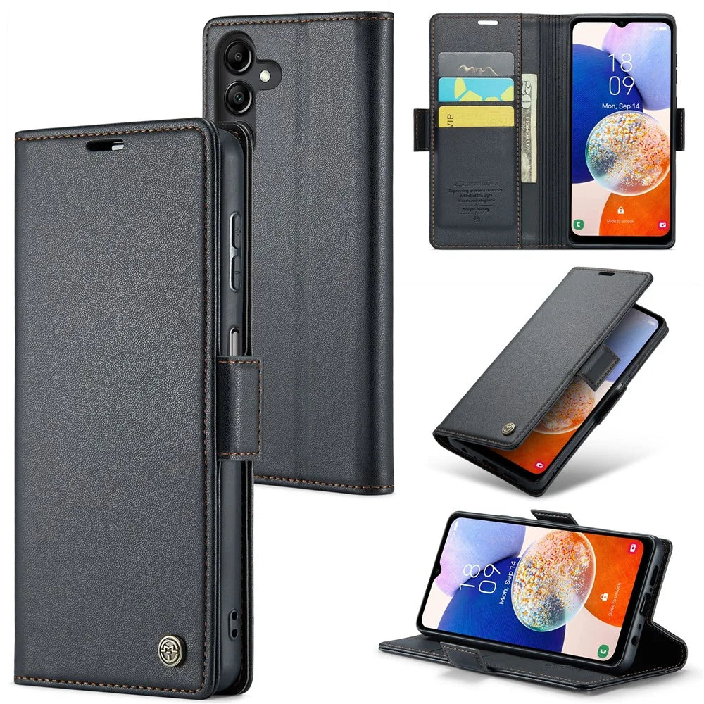 For Samsung Galaxy A14 5G / 4G Leather Case CASEME 023 RFID Blocking 3 Card Slot Mobile Cover - Black - 1