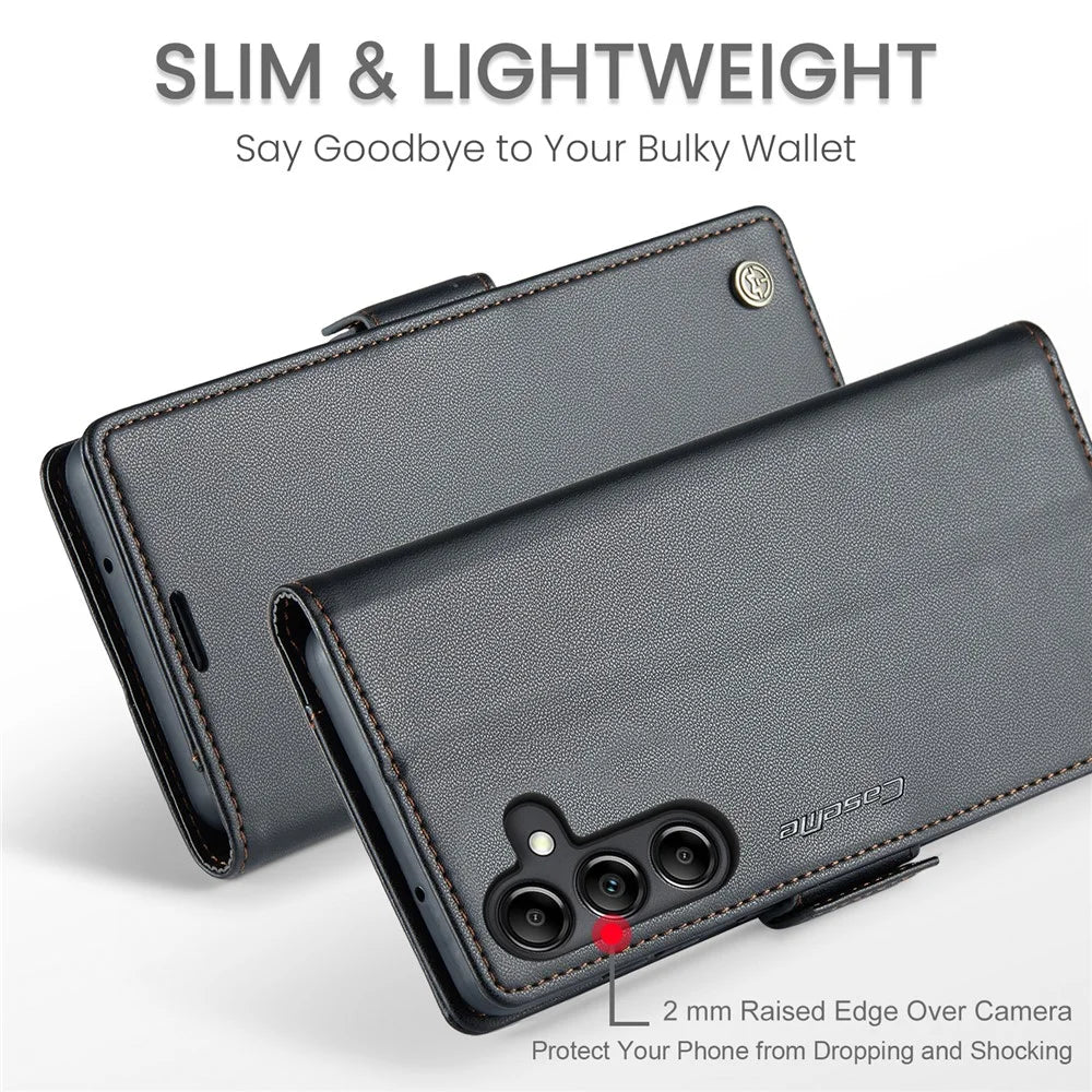 For Samsung Galaxy A14 5G / 4G Leather Case CASEME 023 RFID Blocking 3 Card Slot Mobile Cover - Black - 5