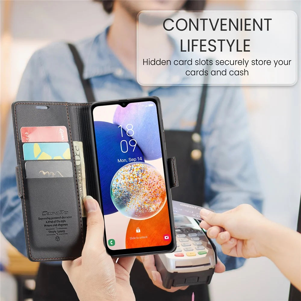 For Samsung Galaxy A14 5G / 4G Leather Case CASEME 023 RFID Blocking 3 Card Slot Mobile Cover - Black - 7