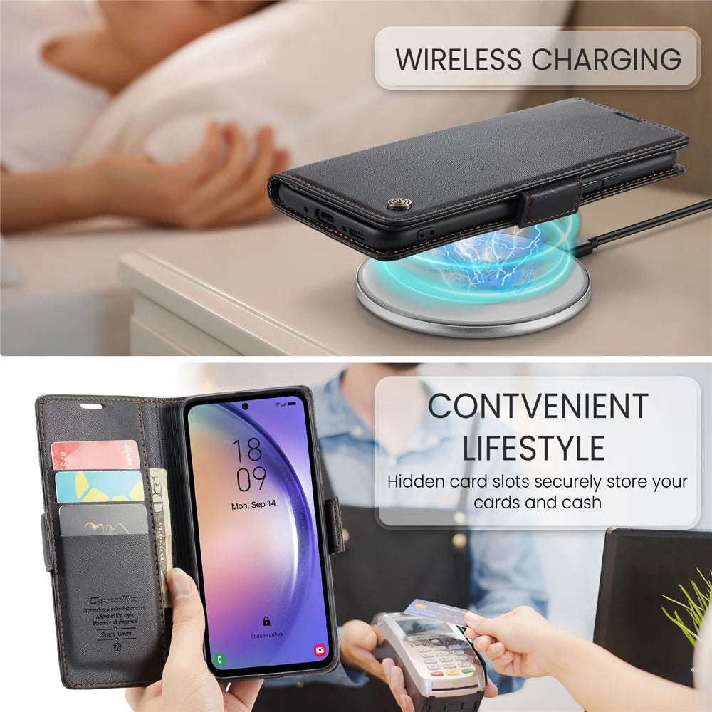For Samsung Galaxy A54 5G Leather Case CASEME 023 RFID Blocking 3 Card Slot Mobile Cover - Black - 7
